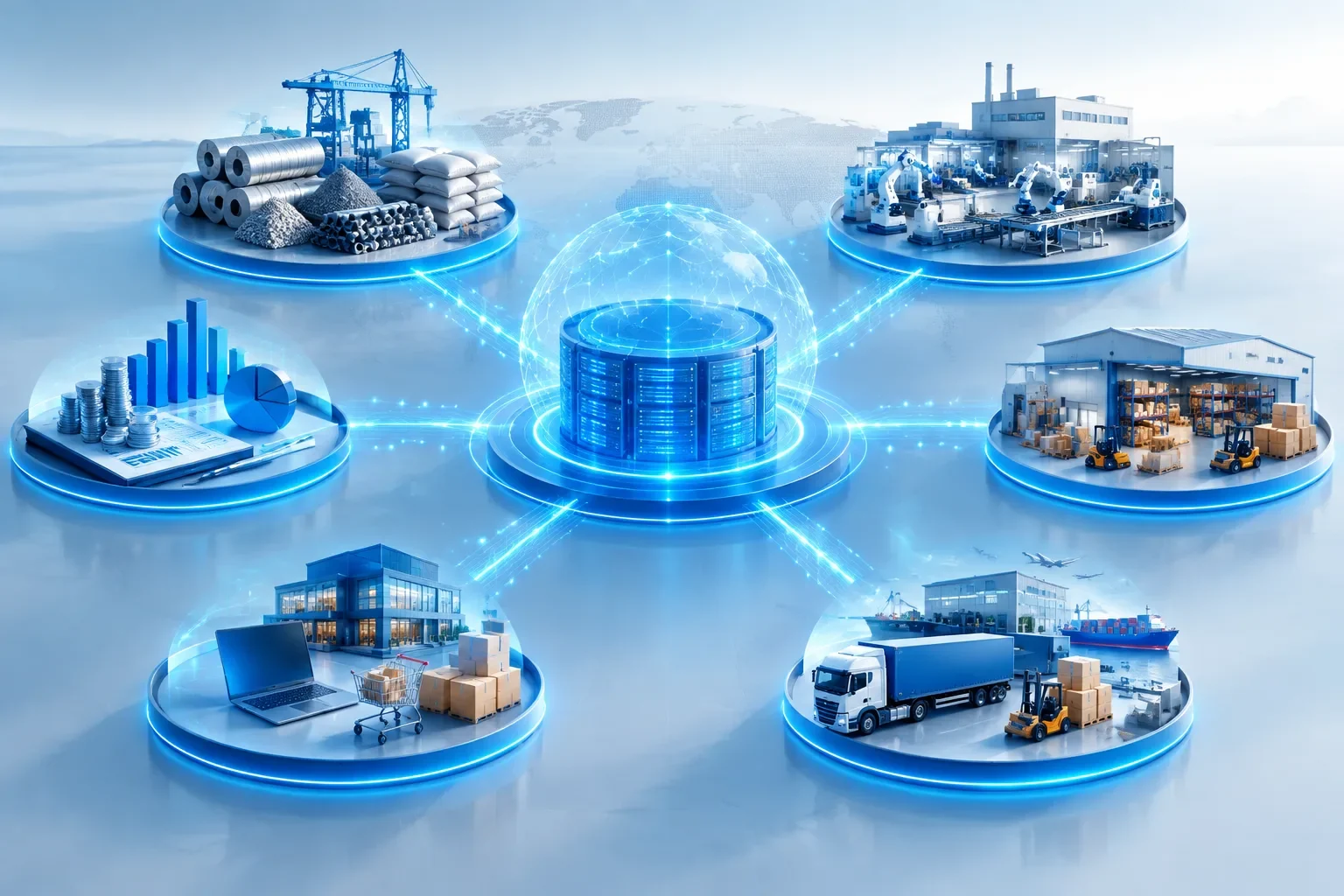 Minh họa khái niệm về kết nối quy trình ERP giữa sản xuất, kho, phân phối và tài chính